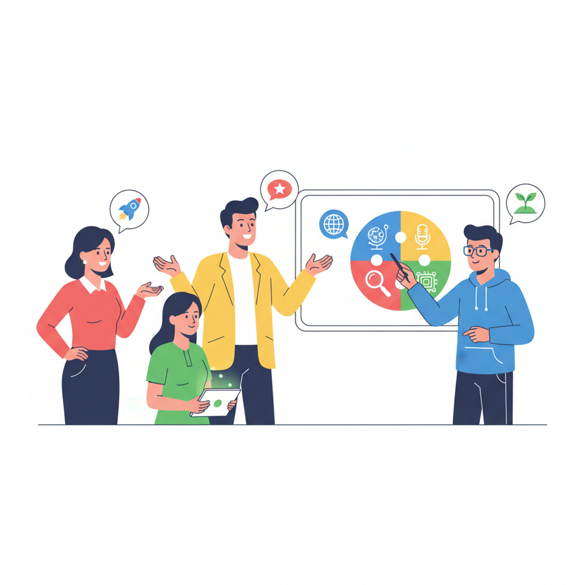 Familia en conversación positiva sobre opciones de carrera, representando diferentes perfiles DISC
