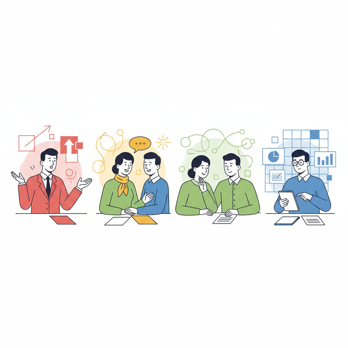 Cuatro candidatos diferentes en entrevistas, representando cada perfil DISC