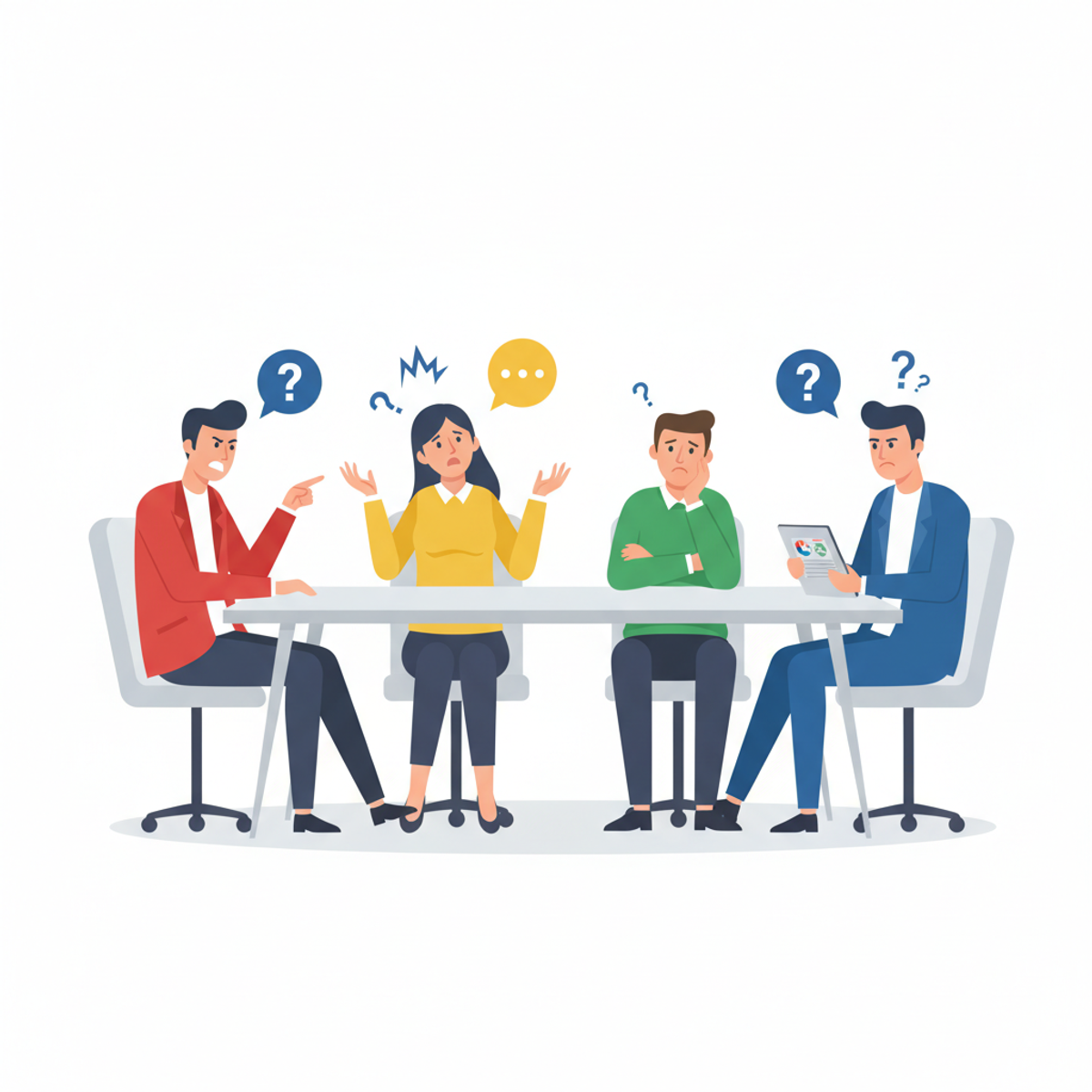 Cuatro personas en una mesa de reuniones, cada una mostrando diferente lenguaje corporal representando malentendidos comunicacionales entre perfiles DISC