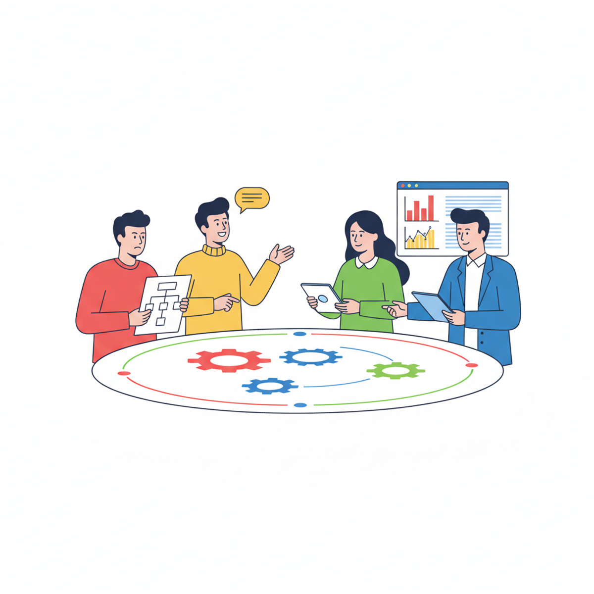 Equipo diverso trabajando juntos, representando diferentes perfiles DISC