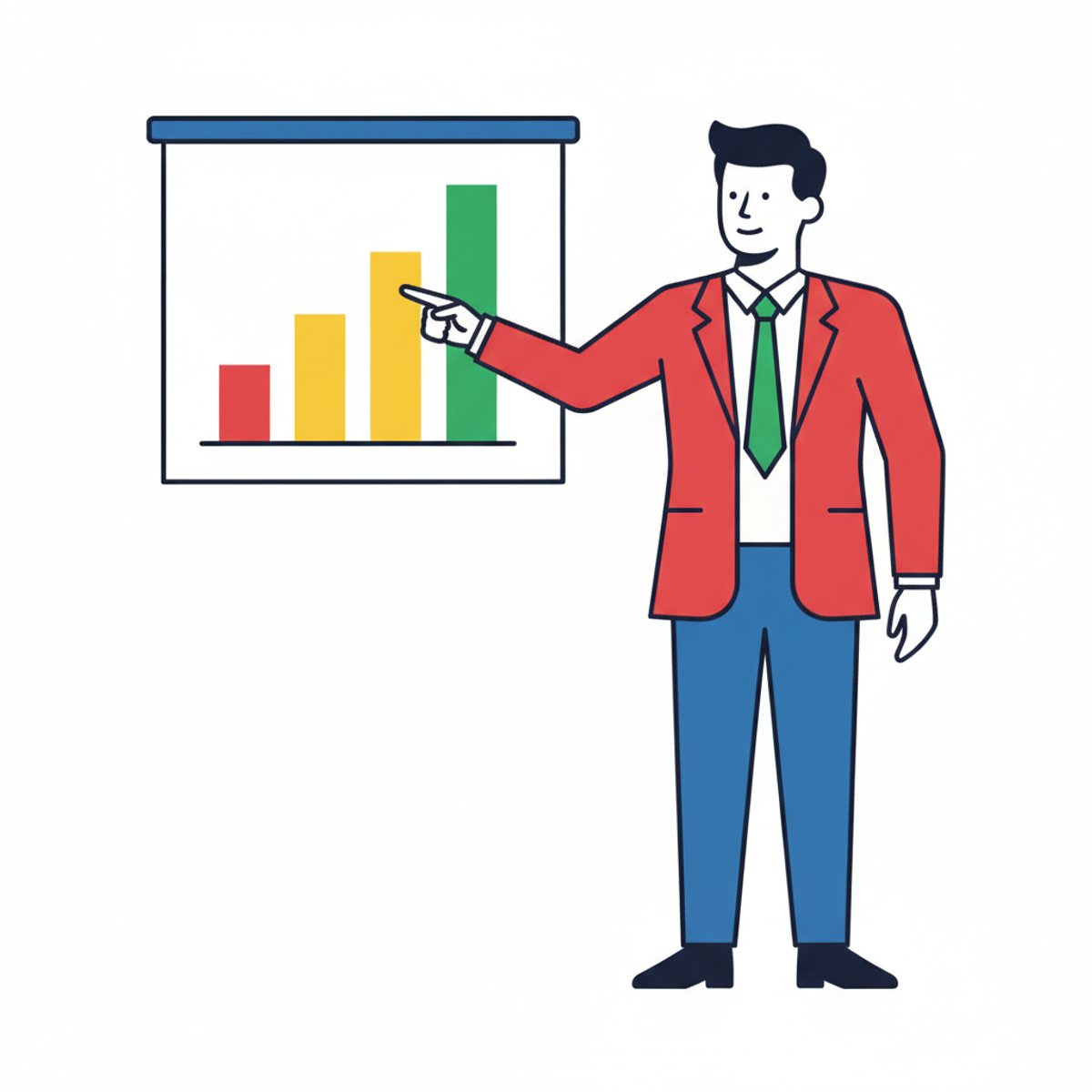 Persona con traje señalando un gráfico en una presentación con lenguaje corporal decisivo y directo