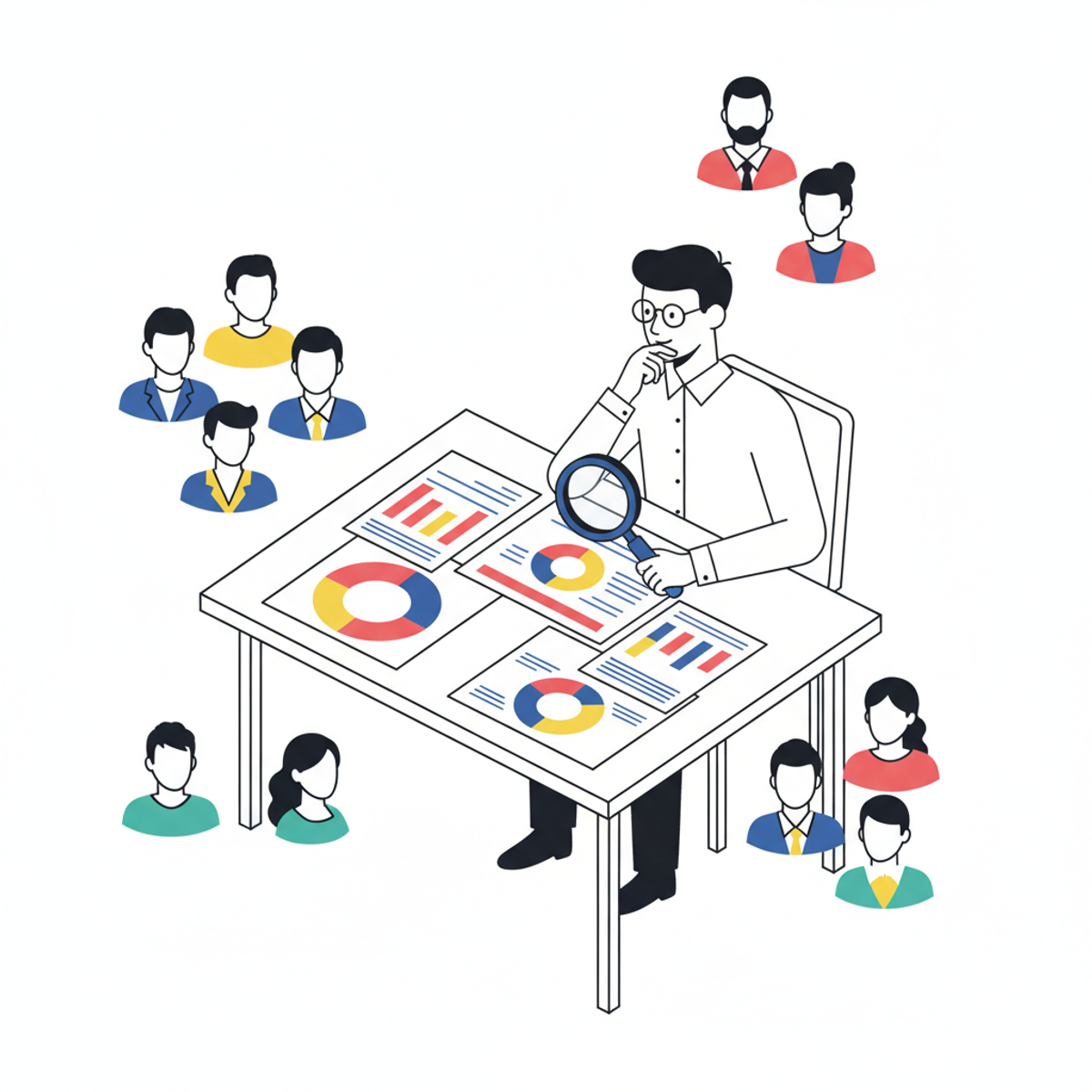 Profesional de RRHH analizando perfiles DISC de candidatos en una mesa con documentos