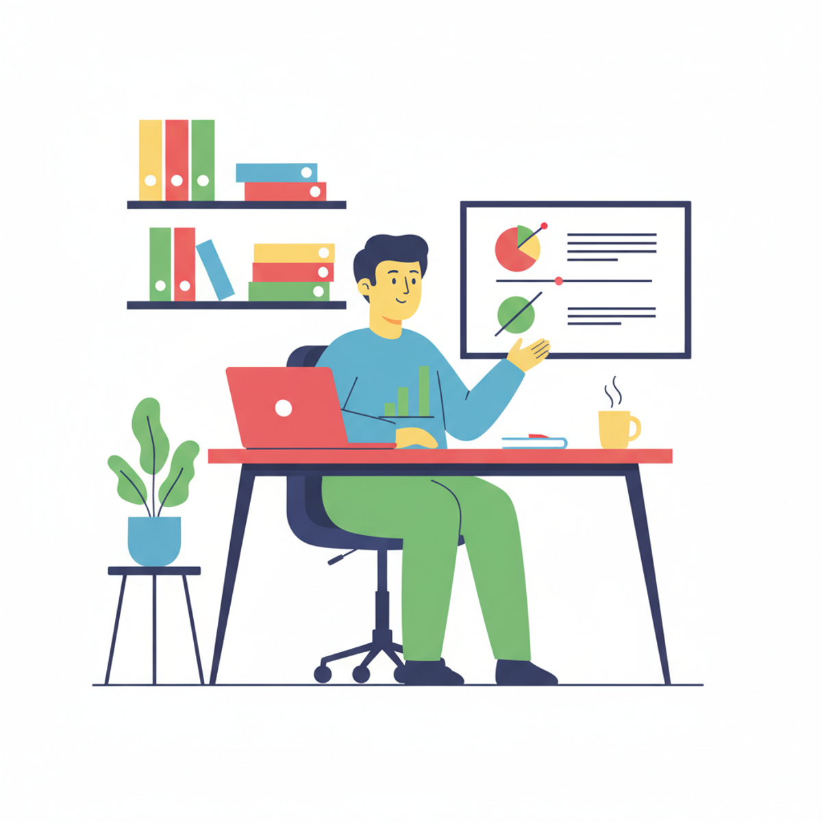 Persona en un ambiente de oficina organizado y tranquilo, con expresión serena y colaborativa