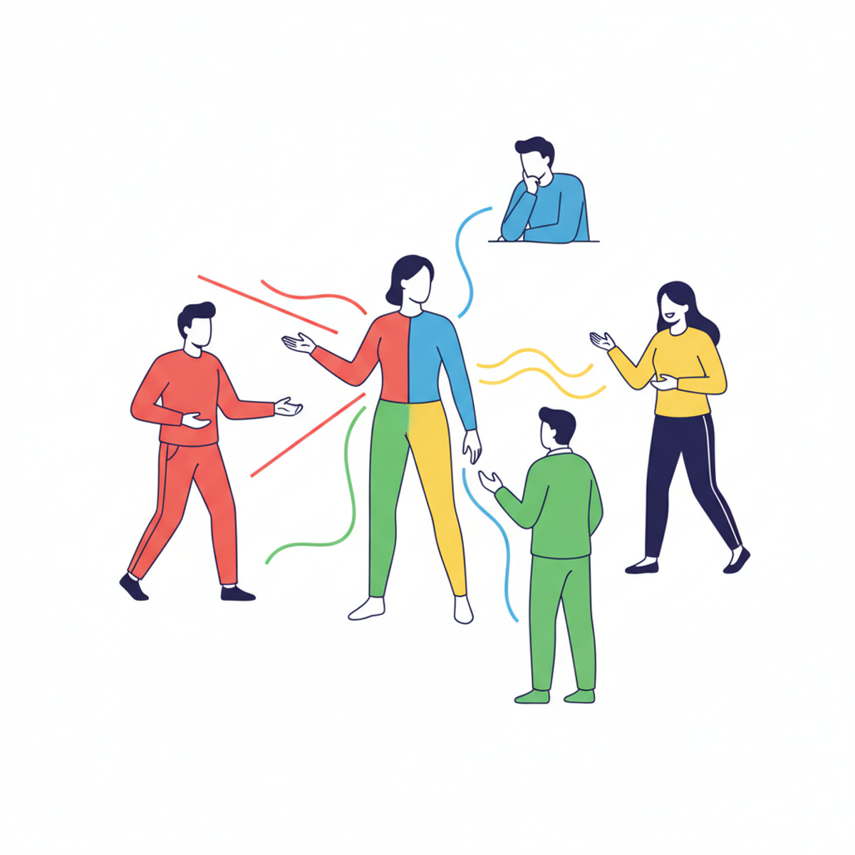 Un facilitador adaptando su lenguaje corporal y tono según la persona con quien habla, mostrando flexibilidad comunicacional