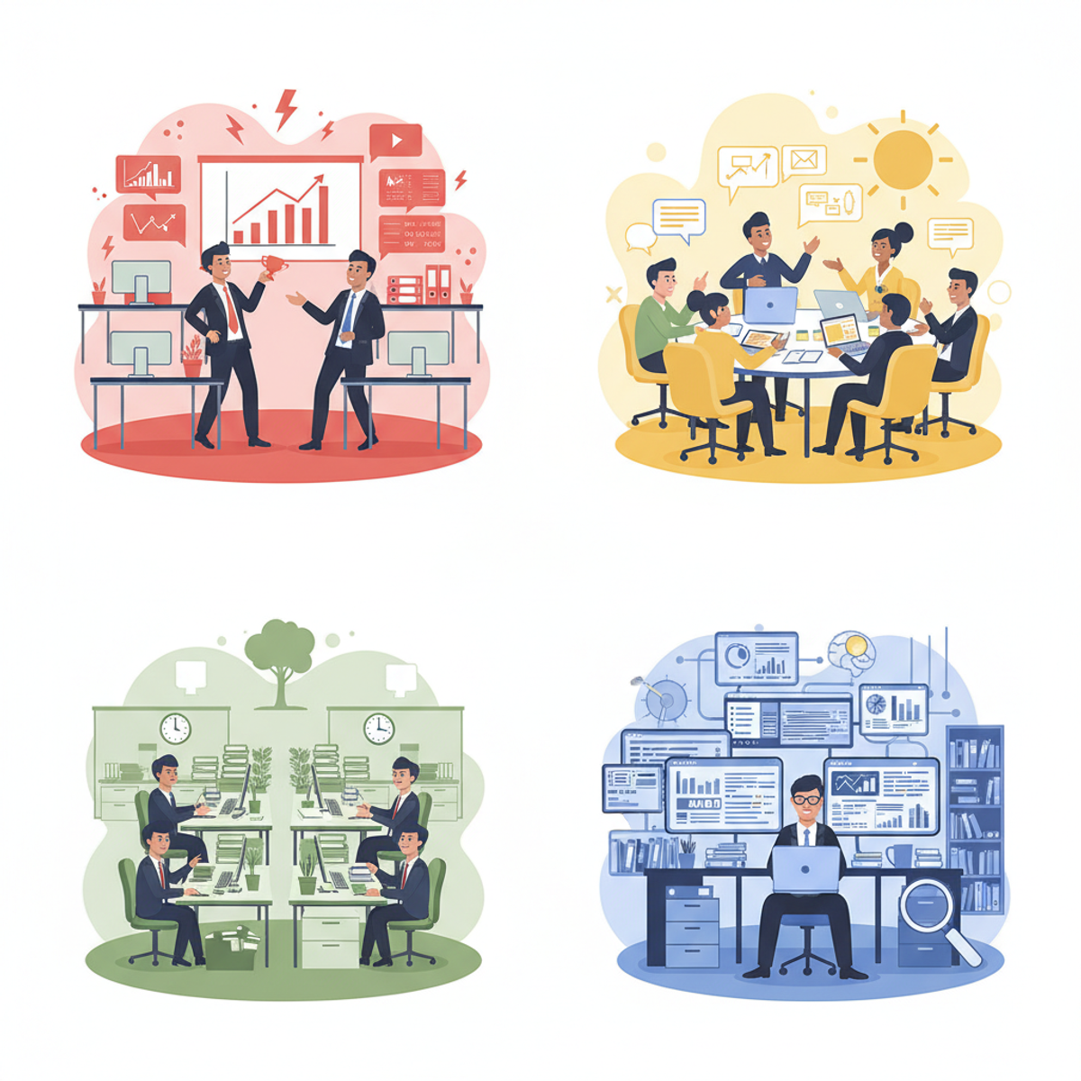 Ilustración de 4 oficinas diferentes mostrando distintos ambientes laborales - una dinámica y competitiva, otra colaborativa, una estable y otra analítica