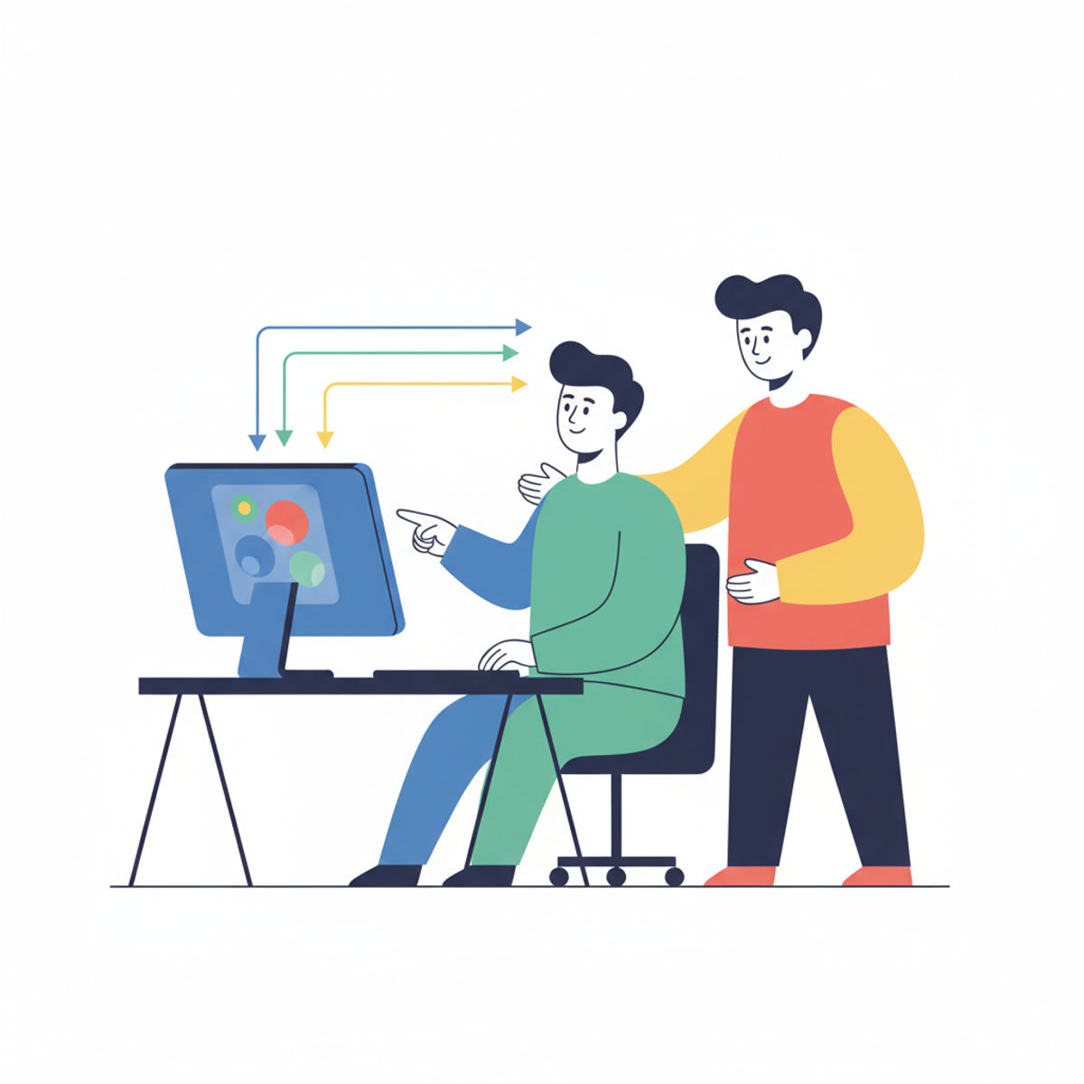 Persona ayudando a un compañero en la computadora, mostrando colaboración y apoyo