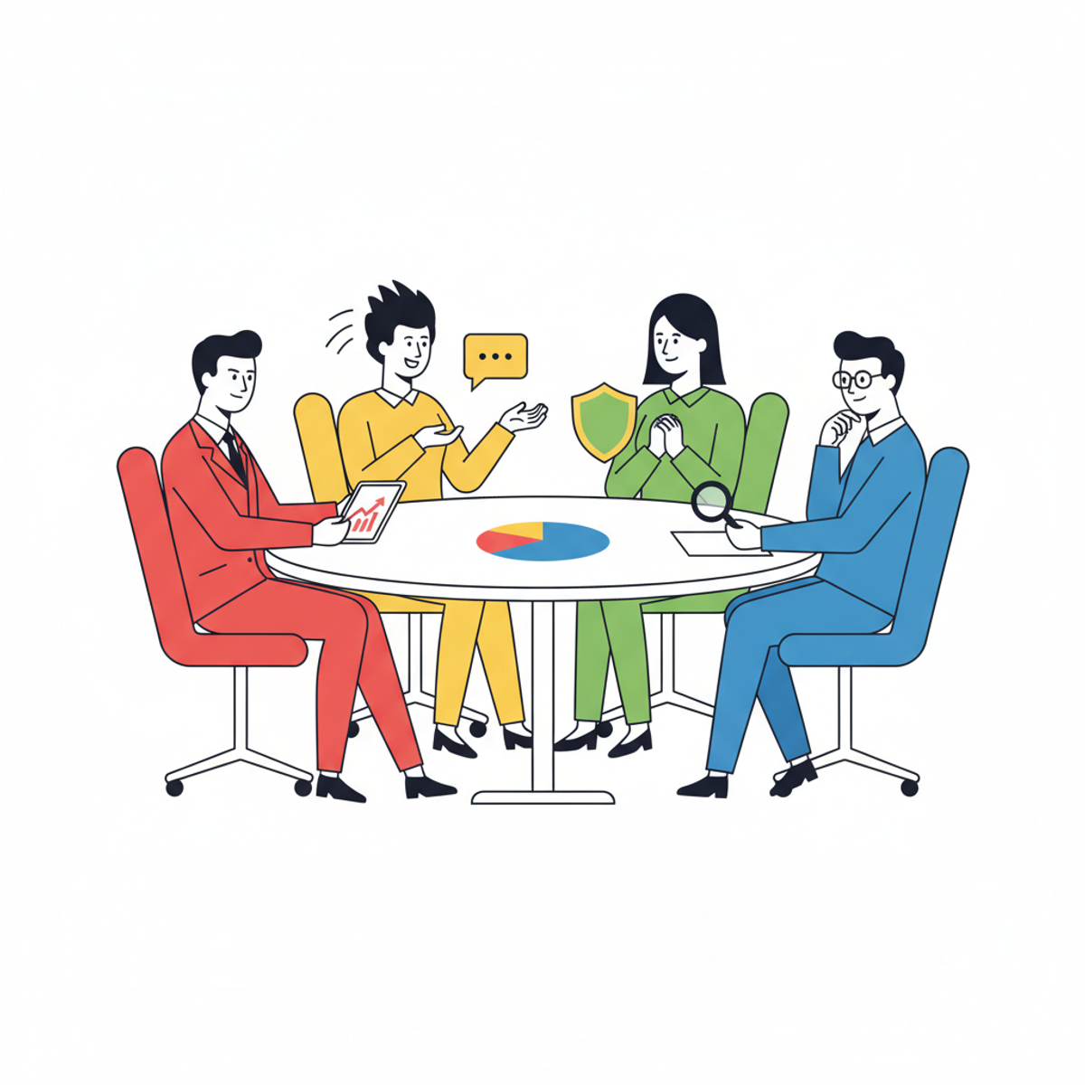 Ilustración de cuatro personas en una mesa de negociación, cada una con características visuales que representen los 4 perfiles DISC