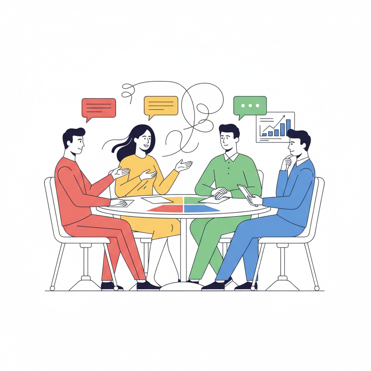 Profesionales diversos en una mesa de reuniones con expresiones de diálogo constructivo, representando diferentes estilos de comunicación