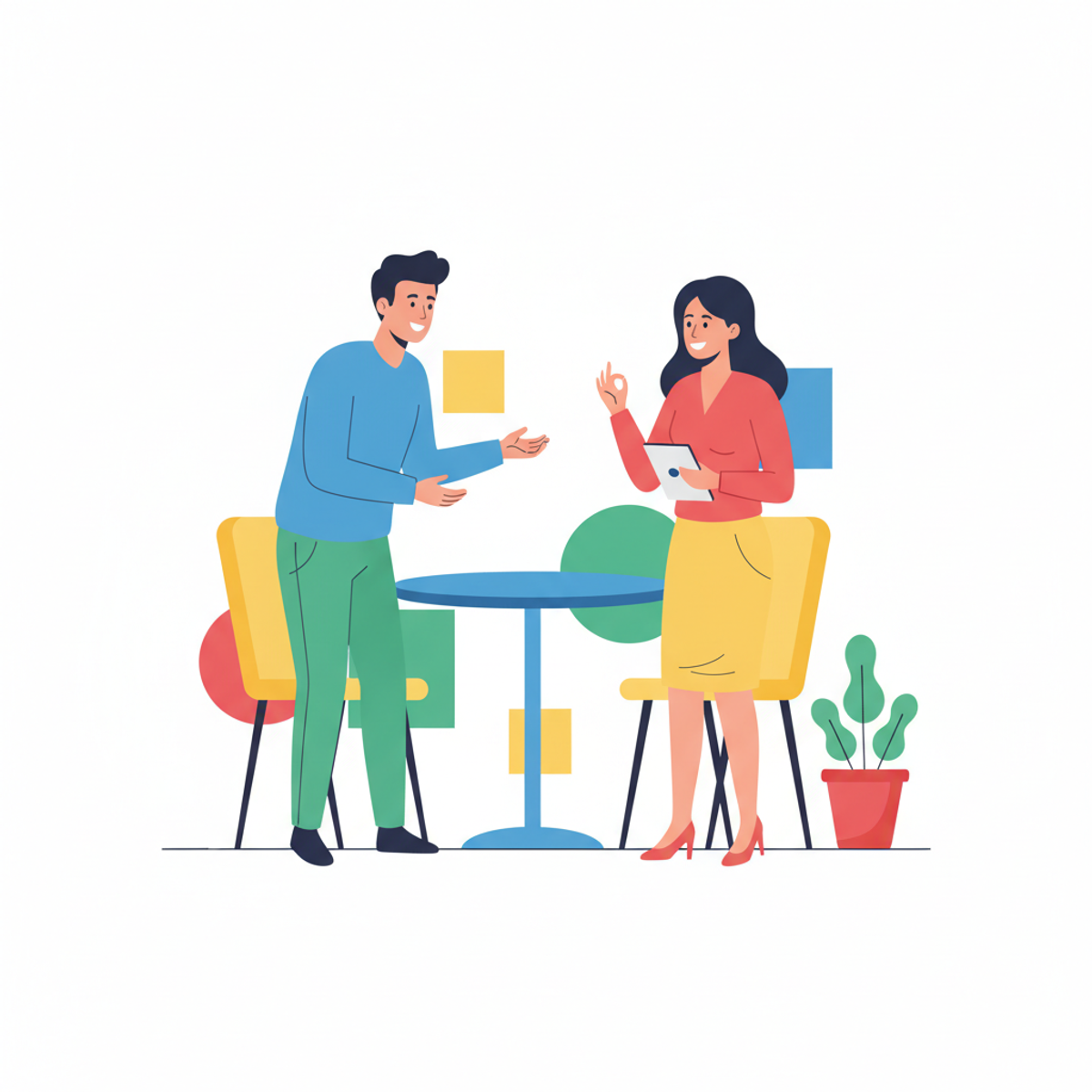 Dos profesionales en conversación constructiva en oficina, mostrando lenguaje corporal positivo