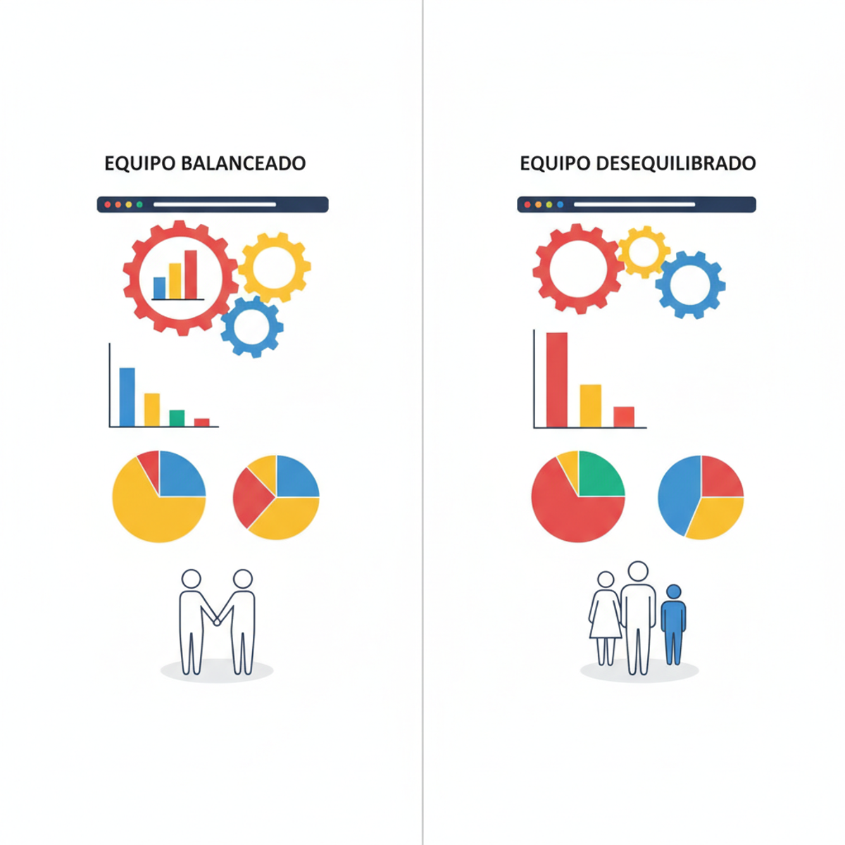 Dashboard o infografía mostrando un equipo balanceado vs. un equipo desequilibrado