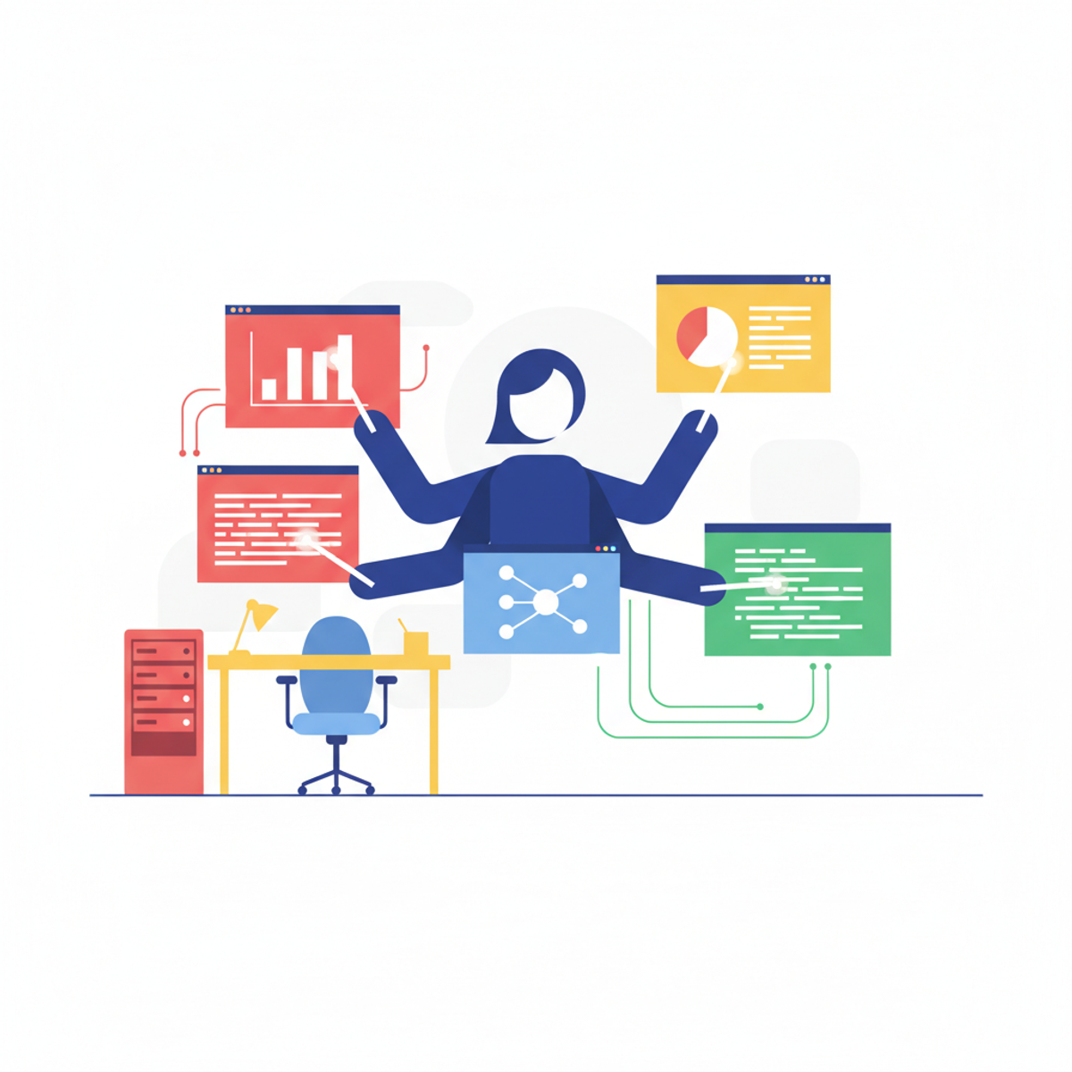 Persona perfil C trabajando con datos en múltiples pantallas, ambiente de oficina técnica