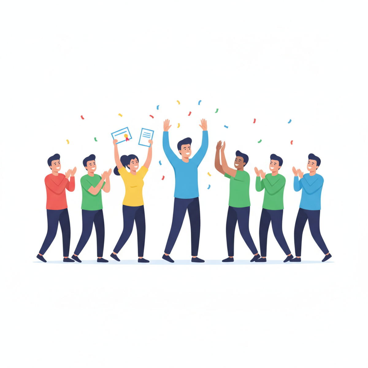 Equipo celebrando un logro con una persona al centro recibiendo aplausos