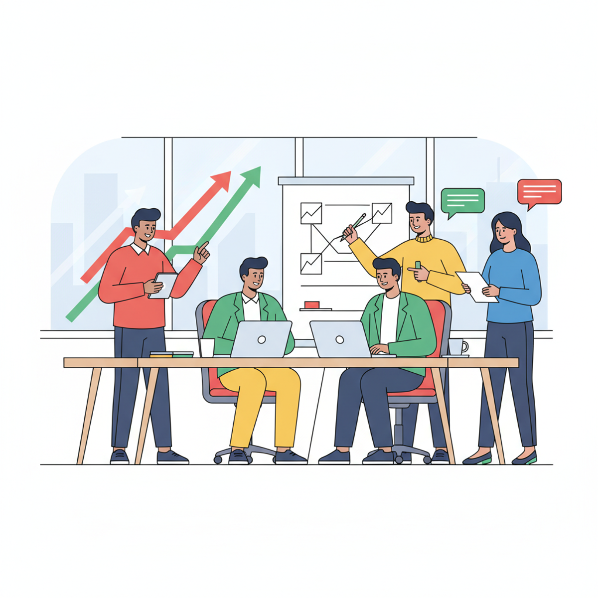 Equipo diverso trabajando colaborativamente en una oficina moderna, con gráficos de mejora en segundo plano
