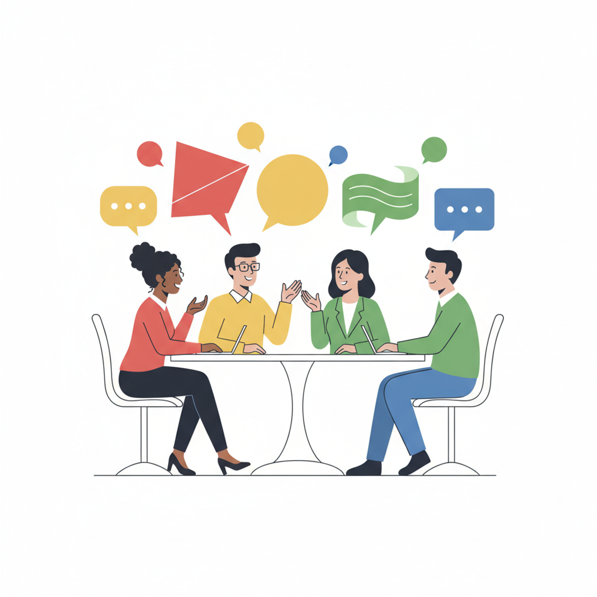 Profesionales diversos en una reunión comunicándose efectivamente con globos de diálogo de diferentes colores representando los perfiles DISC
