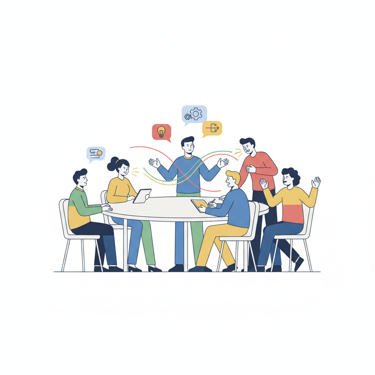 Grupo diverso en una mesa redonda donde una persona está facilitando una conversación colaborativa con todos participando activamente