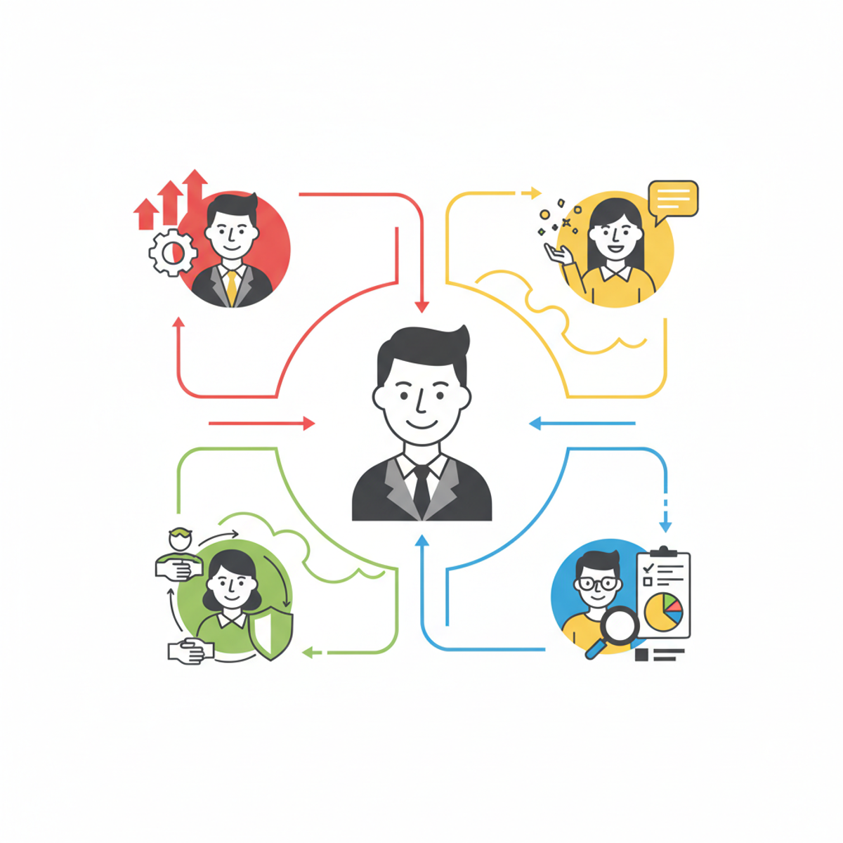 Vendedor adaptando su comunicación a diferentes perfiles de cliente en una infografía visual