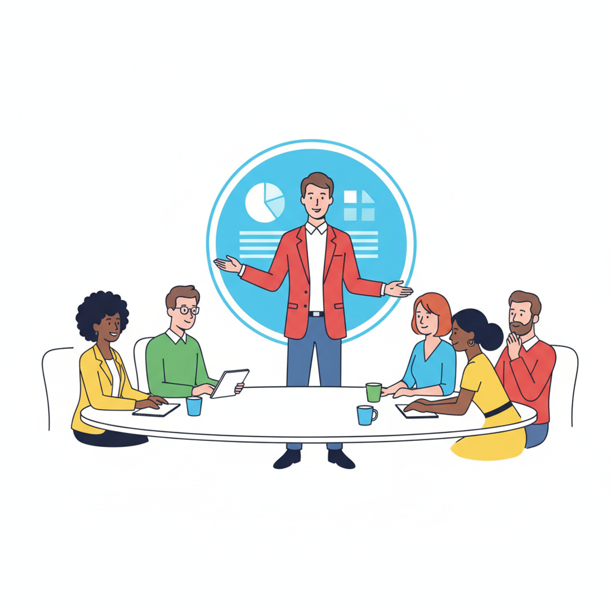 Profesional presentando en una reunión con equipo diverso