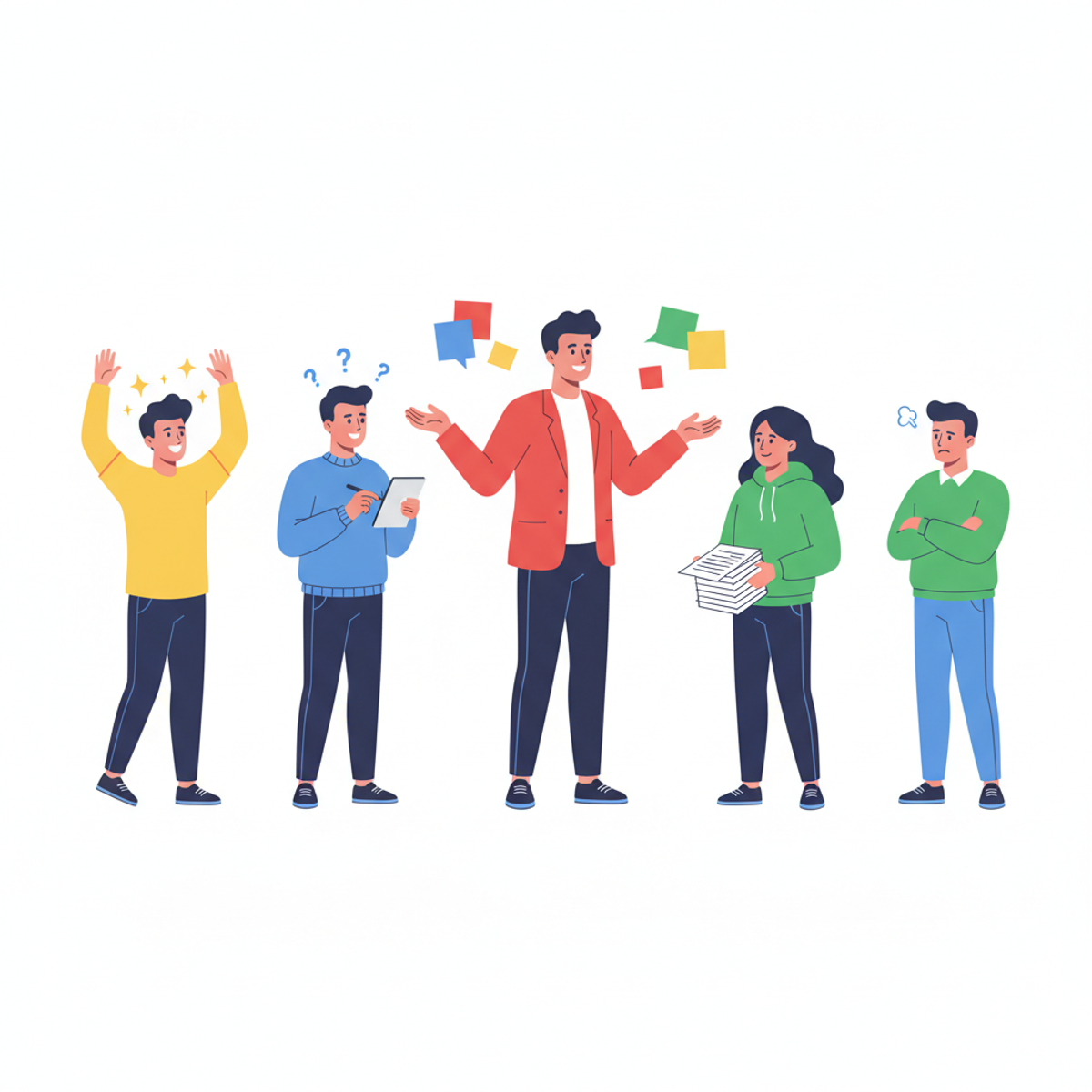 Líder delegando tareas a un equipo diverso con diferentes reacciones según sus personalidades