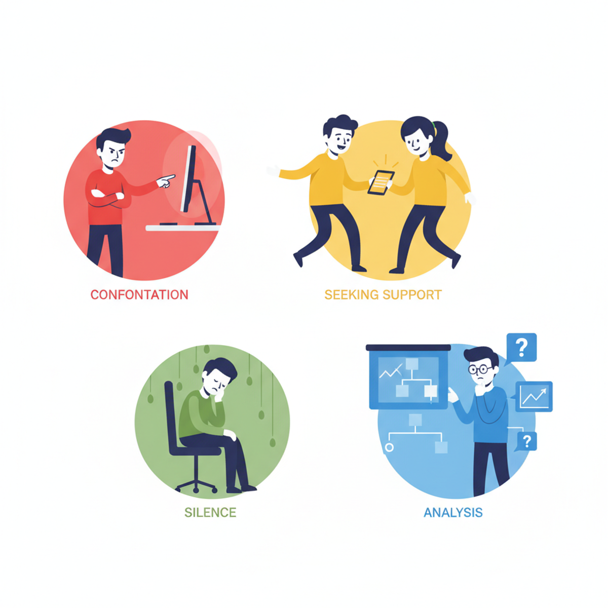 Cuatro personas en una oficina, cada una mostrando diferentes reacciones al estrés - confrontación, búsqueda de apoyo, silencio y análisis