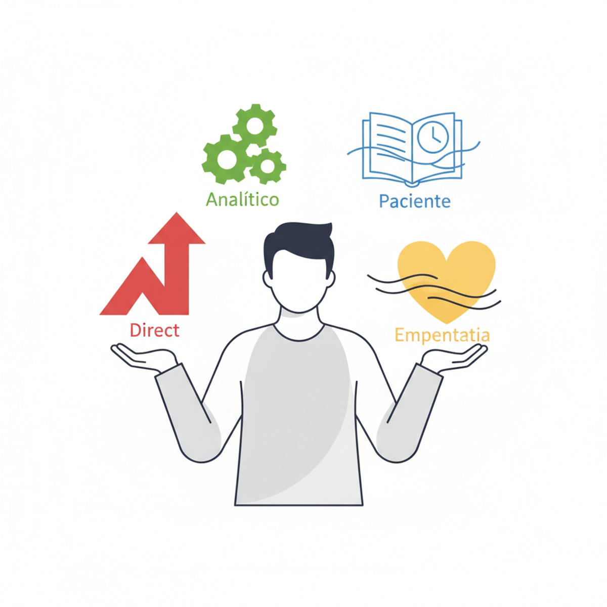Una persona sosteniendo diferentes íconos que representan estilos de comunicación (directo, empático, paciente, analítico)