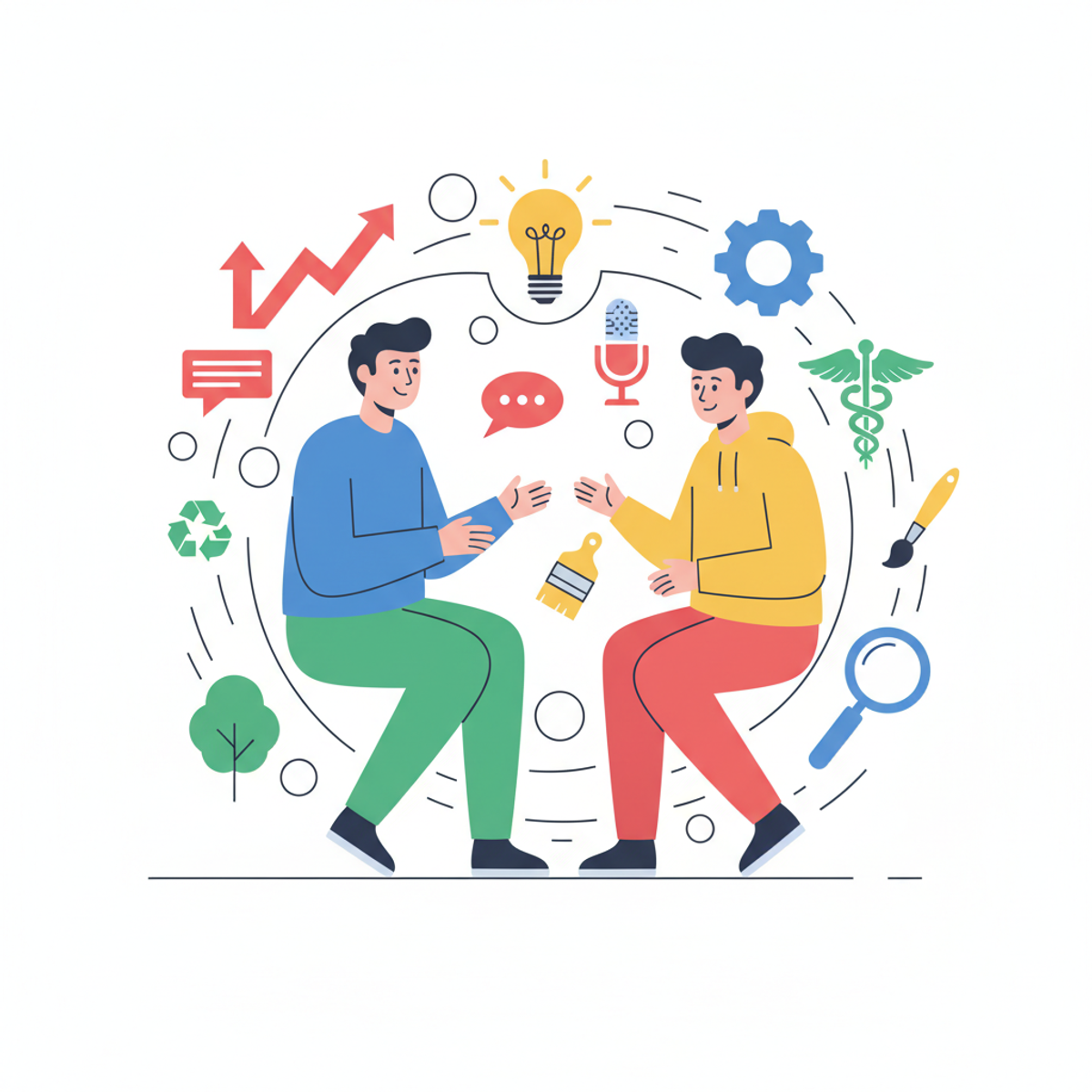 Mentor y adolescente en conversación sobre carreras, con símbolos de diferentes profesiones de fondo