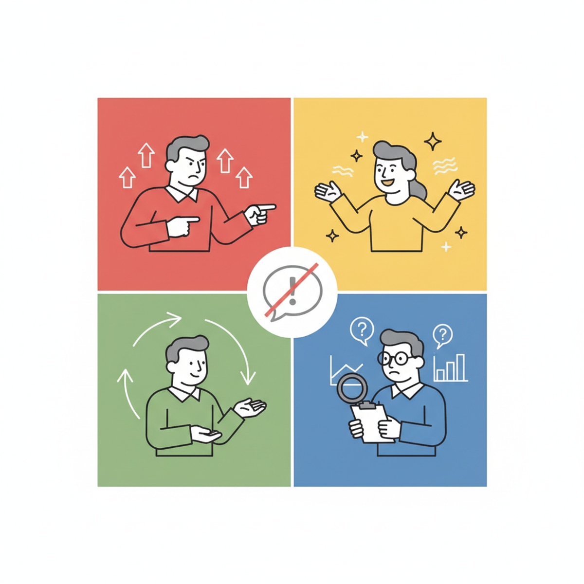 Comparación visual de cómo cada perfil DISC expresa la misma objeción de manera diferente