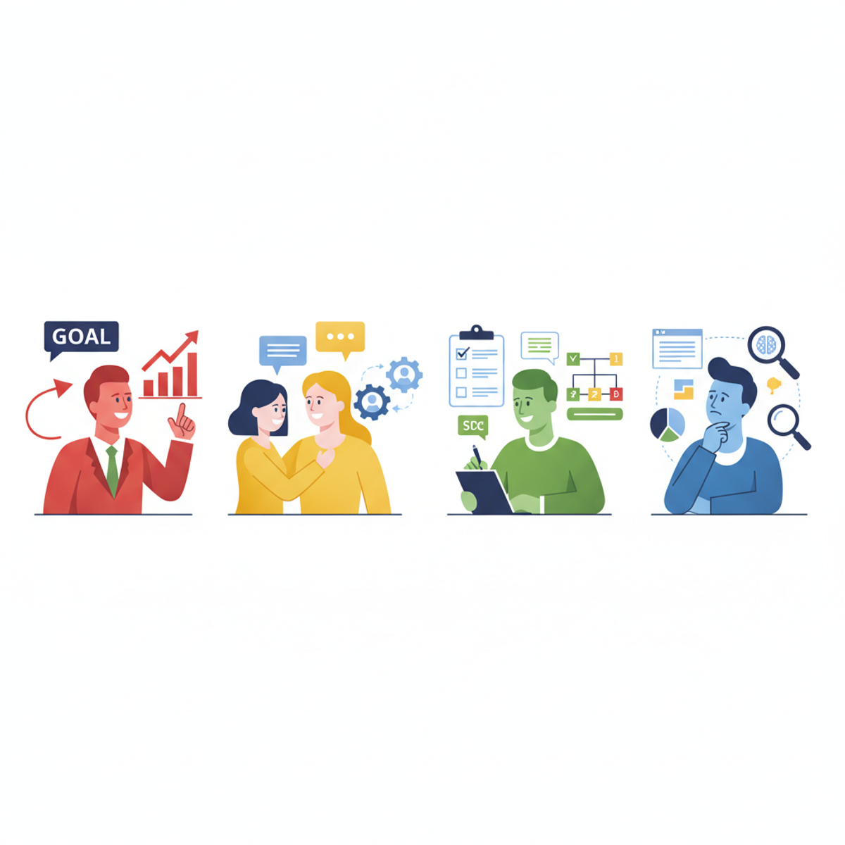 Cuatro personas trabajando con diferentes expresiones de motivación - una enfocada en resultados, otra colaborando alegremente, otra trabajando metódicamente, otra analizando datos