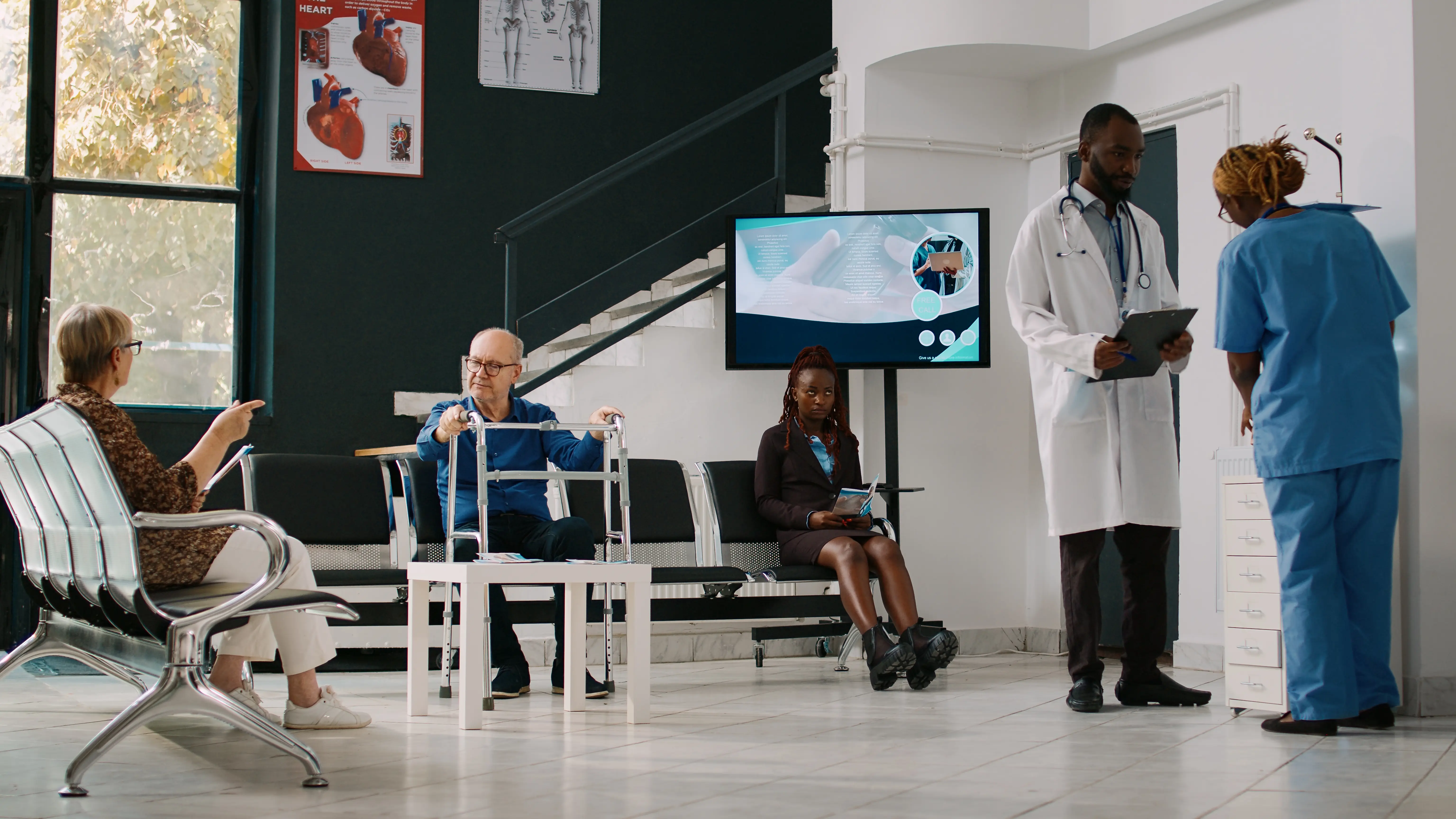 Hospital lobby with patients and hospital staff