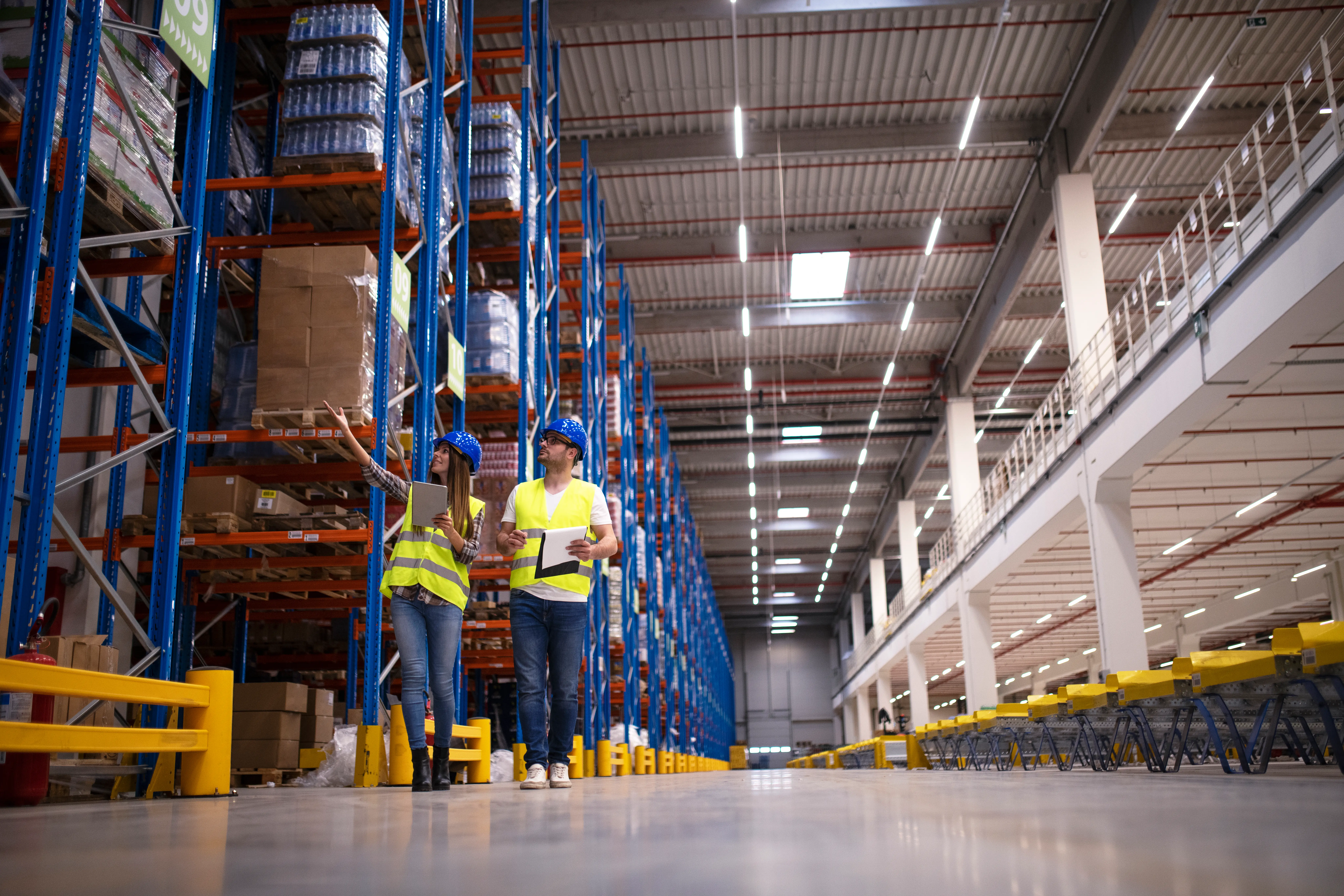 Two workers walking through a warehouse