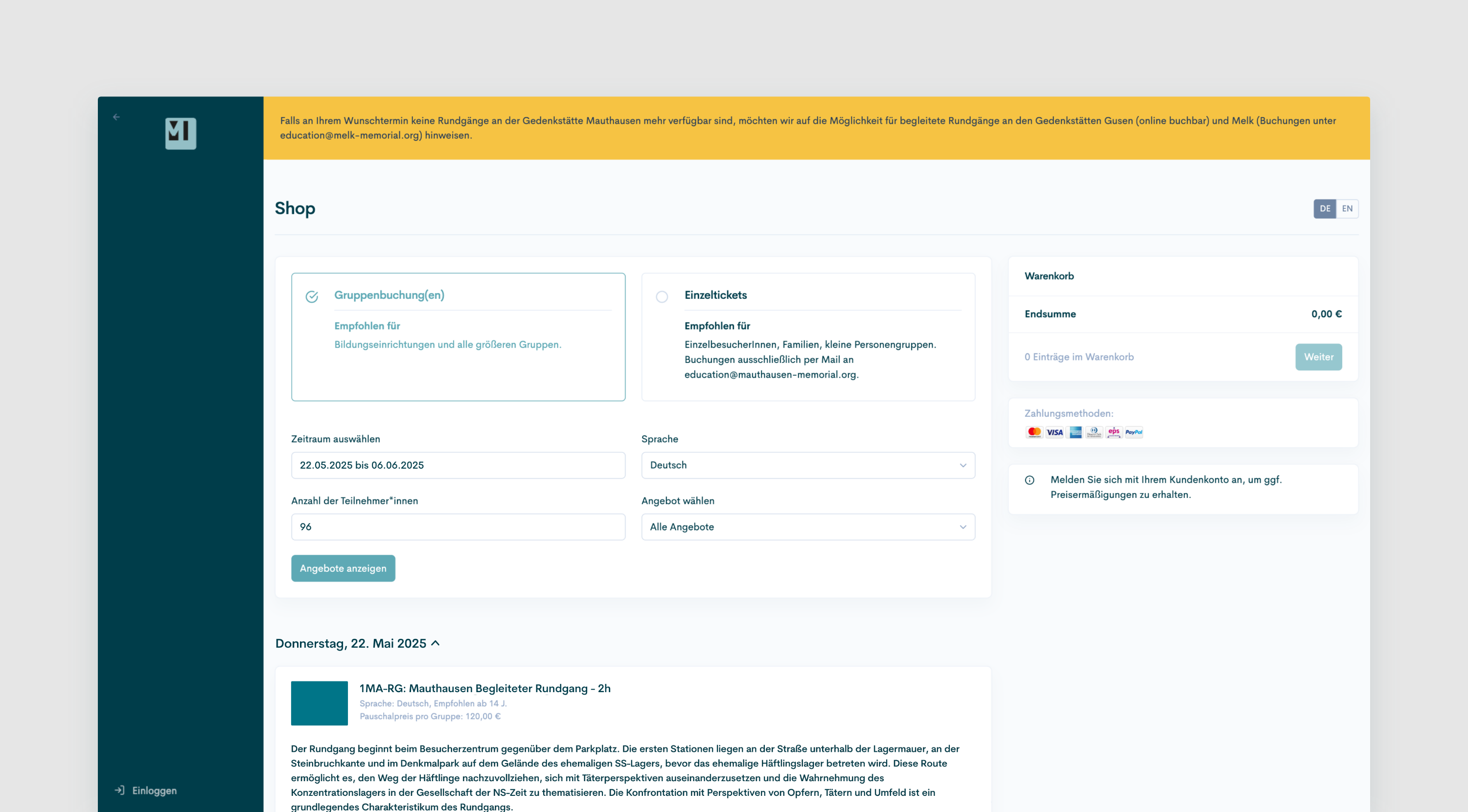 Onlinebuchung – Startseite