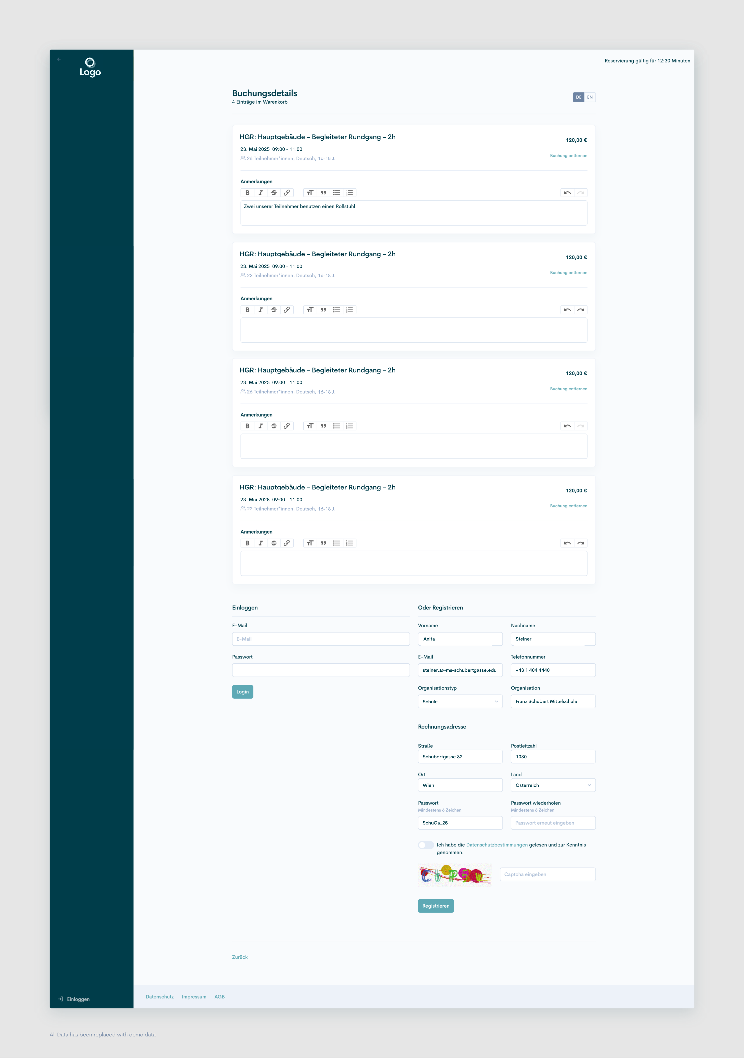 Book Online – Booking Details and User Registration 