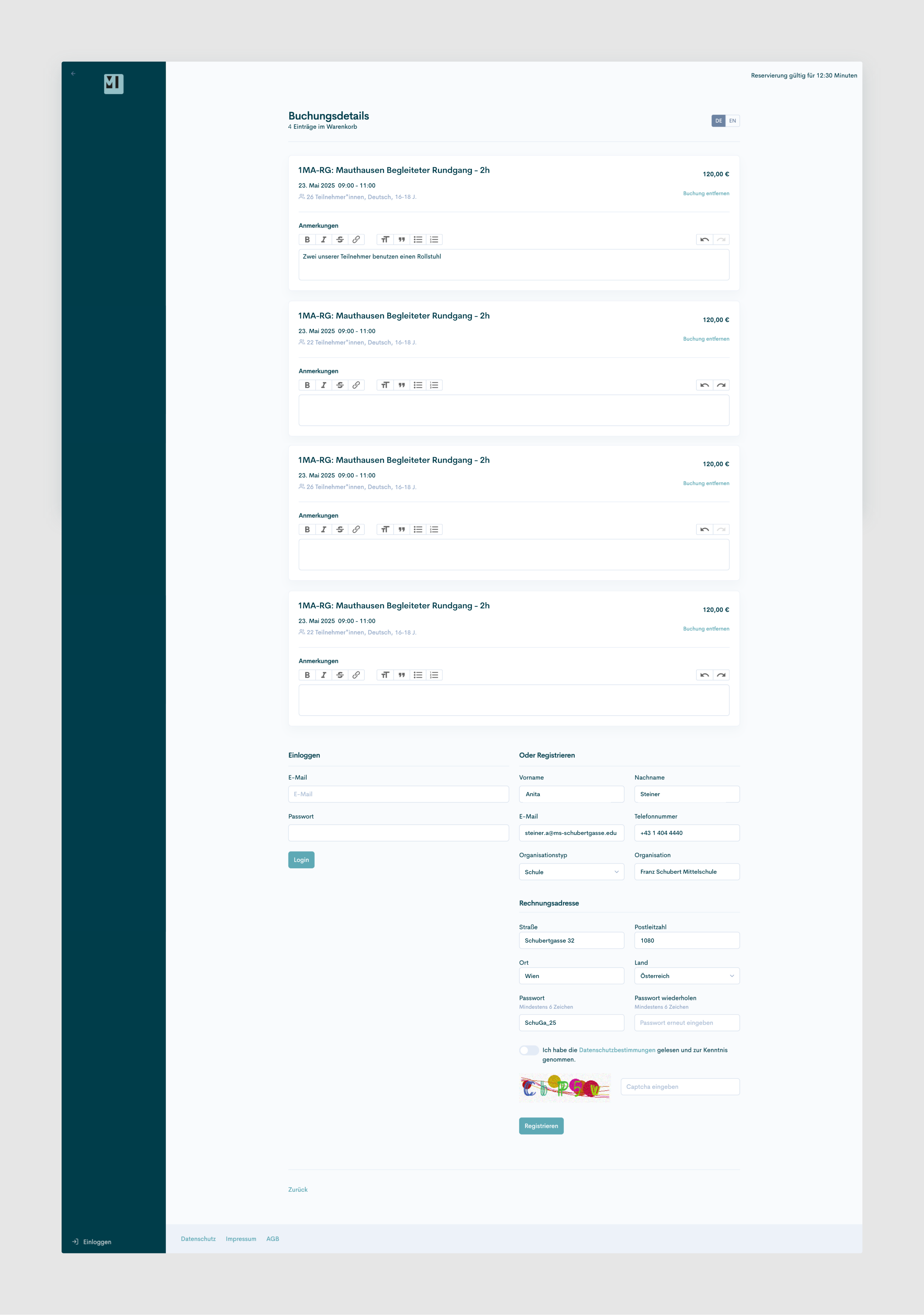 Onlinebuchung – Buchungsdetails und Kundenregistrierung