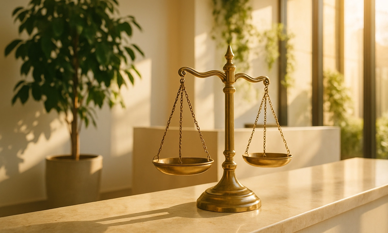 Polished brass scales of justice on a sunlit limestone surface in a bright law firm, representing common property transfer problems that can stall or complicate a sale.