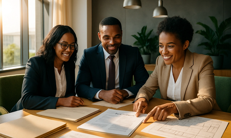 A South African conveyancing team reviews title deed documents around a sunlit boardroom table in preparation for deeds office lodgement.