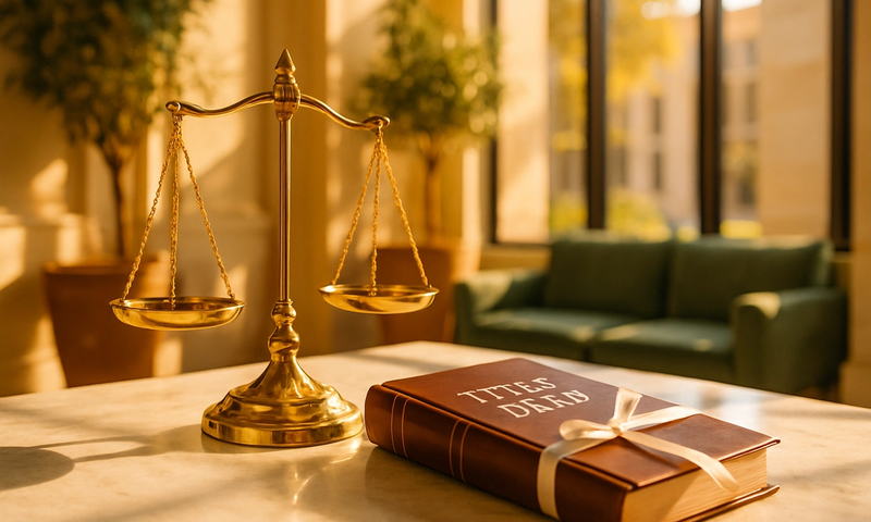 Polished brass scales of justice resting on a sunlit marble surface beside a leather-bound title deed, representing the legal world of bonds and property finance in South Africa.
