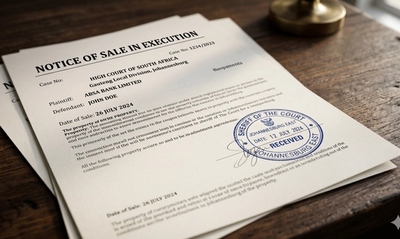 A close-up, high-detail photograph of an official South African High Court document titled Notice of Sale in Execution. The sharp black typography rests on off-white paper, placed flat on a dark oak wooden desk. The shallow depth of field isolates and focuses on the red ink stamp seal of the Sheriff of the Court, with soft natural morning light filtering in from the side.