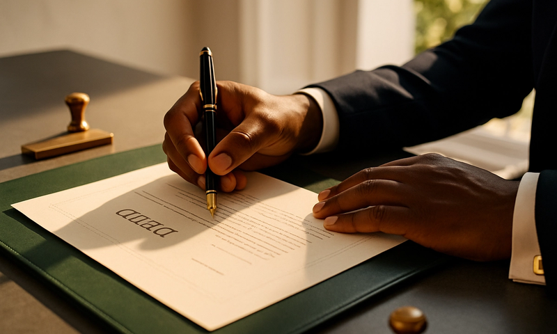 A legal professional signing a formal property transfer document under warm golden daylight, illustrating the role of a power of attorney in authorising property transactions.