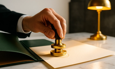 A notary presses a gleaming brass embossing seal onto a formal legal document, representing the authoritative role notarial bonds play in South African property law.
