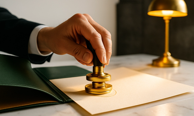 A notary presses a gleaming brass embossing seal onto a formal legal document, representing the authoritative role notarial bonds play in South African property law.