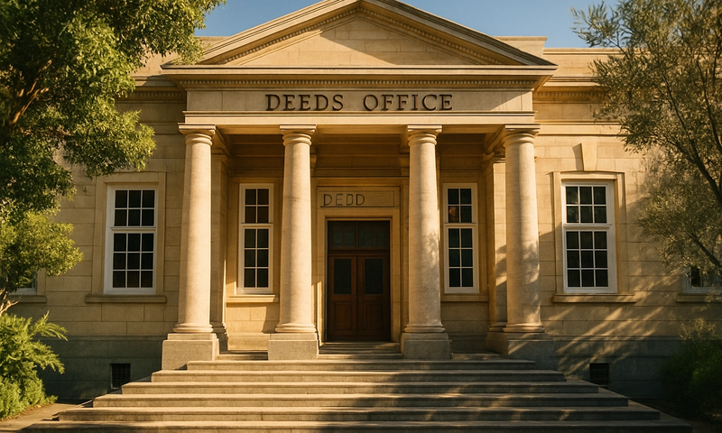 The sunlit exterior of a South African deeds office building with stone columns, lush green trees and warm golden morning light across the facade.