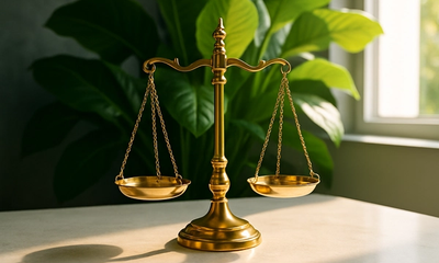Polished brass scales of justice on a sunlit marble desk in a bright law office, evoking the legal precision behind title deed endorsements and what they signal on a property's ownership record.