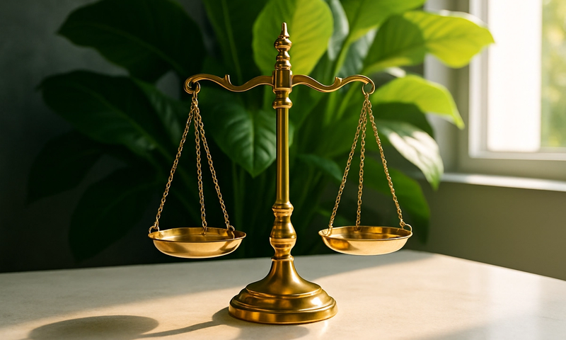 Polished brass scales of justice on a sunlit marble desk in a bright law office, evoking the legal precision behind title deed endorsements and what they signal on a property's ownership record.