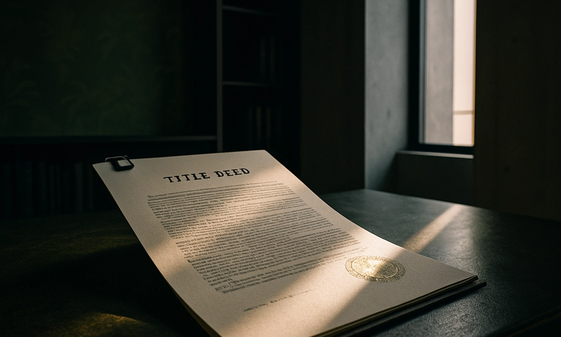 An open title deed on a dark oak desk in a modern conveyancing office, illustrating the legal weight of conditions of title for South African property owners.