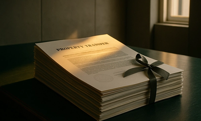 A formal stack of property transfer documents tied with an olive ribbon on a dark green desk, illuminated by warm afternoon light through a concrete-walled office window, representing the deeds office examination process.