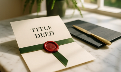 A beautifully presented title deed with an embossed wax seal and green satin ribbon lies open on a sunlit marble surface in a bright South African law office.