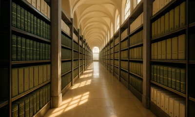 A grand sunlit deeds registry hall with rows of archival shelving receding into bright perspective, evoking the thoroughness of the deeds office examination process.