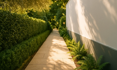 A bright sunlit garden pathway running between an elegant boundary wall and lush green landscaping, illustrating how property servitudes define legal rights of way across South African land.