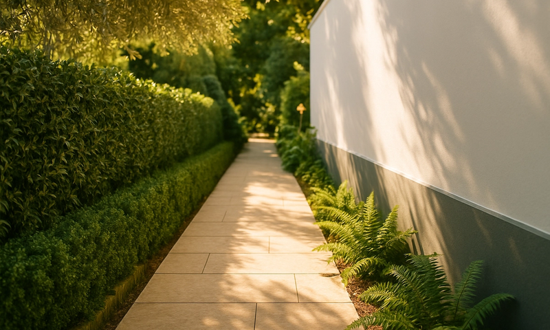 A bright sunlit garden pathway running between an elegant boundary wall and lush green landscaping, illustrating how property servitudes define legal rights of way across South African land.