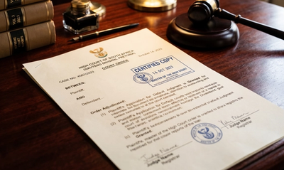 A certified copy of a High Court order document with an official blue stamp resting on a polished legal desk, representing the judicial power behind forced property transfers.