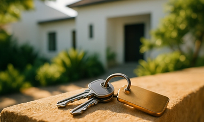 A set of brass house keys resting on a warm sandstone ledge in golden sunlight, representing the security and ownership made possible through mortgage bonds in South African property transactions.